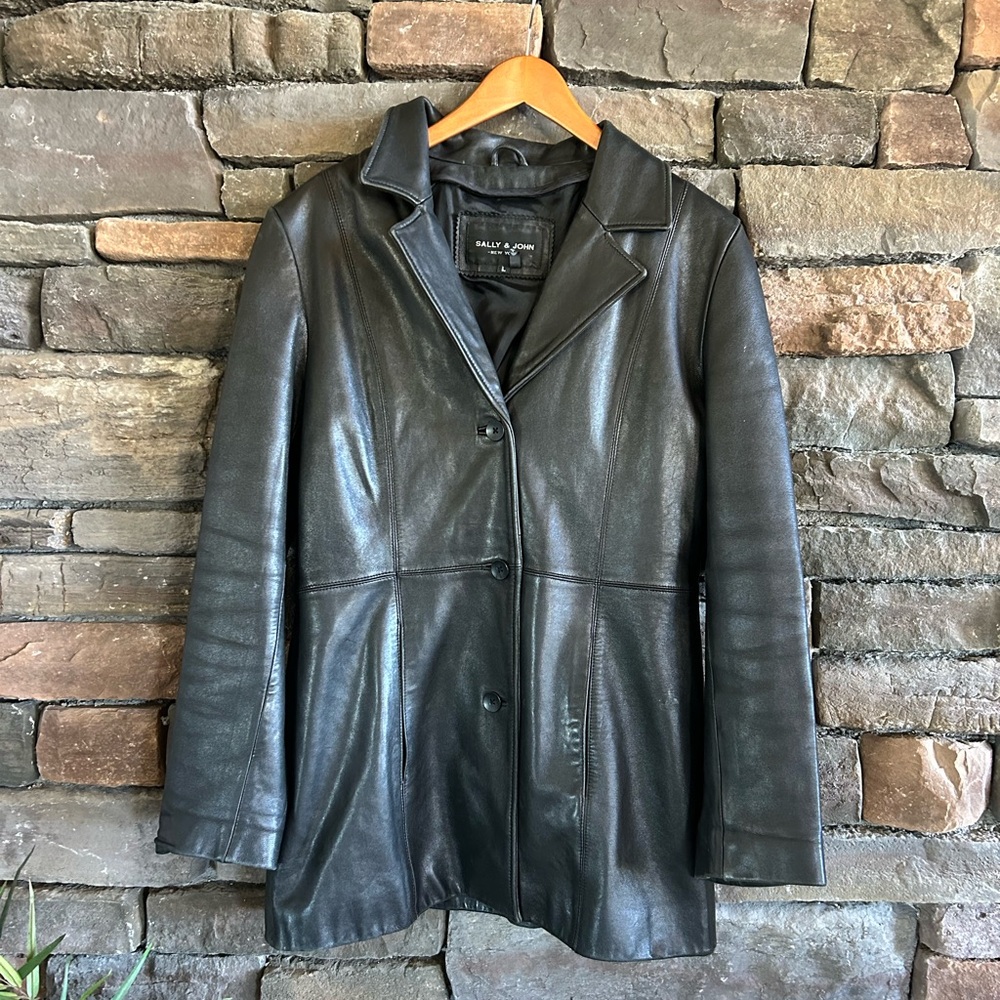 Sally & John New York Preppy Grunge Biker Black Leather Button Up Blazer